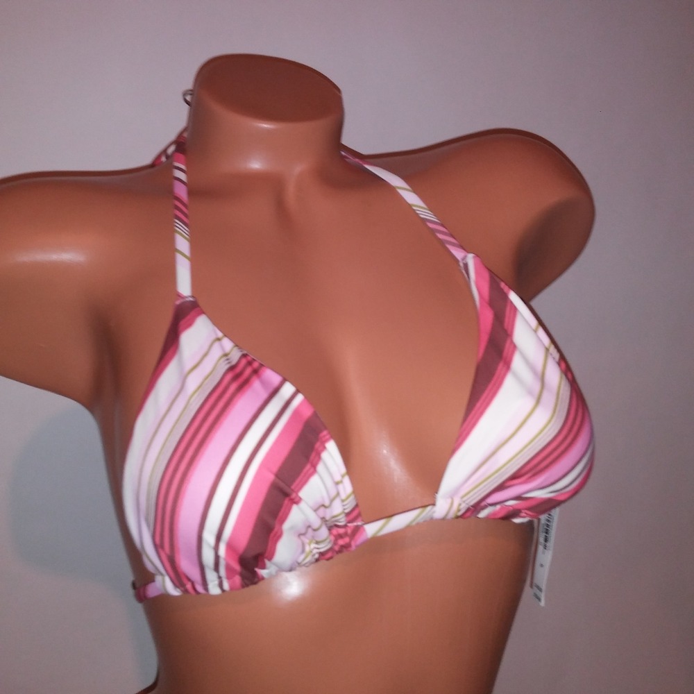 Victoria Secret Swim Bikini Top Small Triangle Pink Orange Cream Stripe Wireless